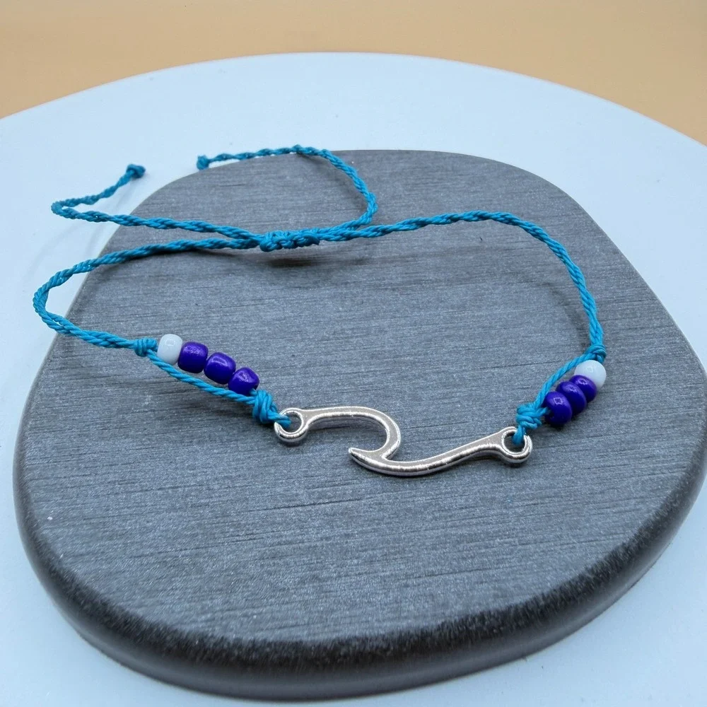 Silver Tone Ocean Wave Charm Blue Cord Purple Bead Adjustable Surfer Bracelet
